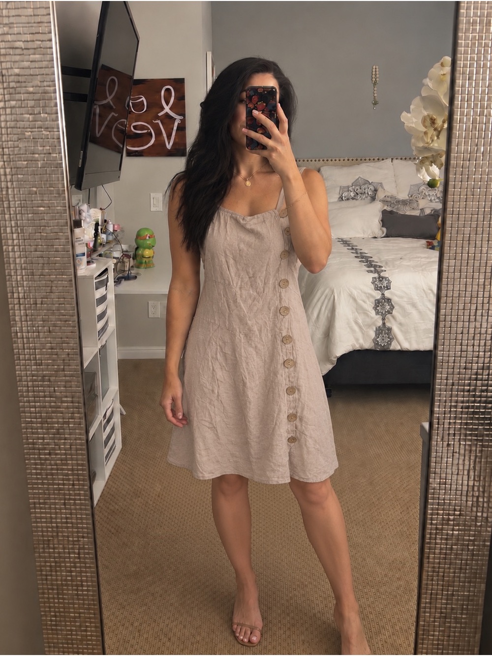 Neutral Beige Sleeveless Button-Side Midi Dress